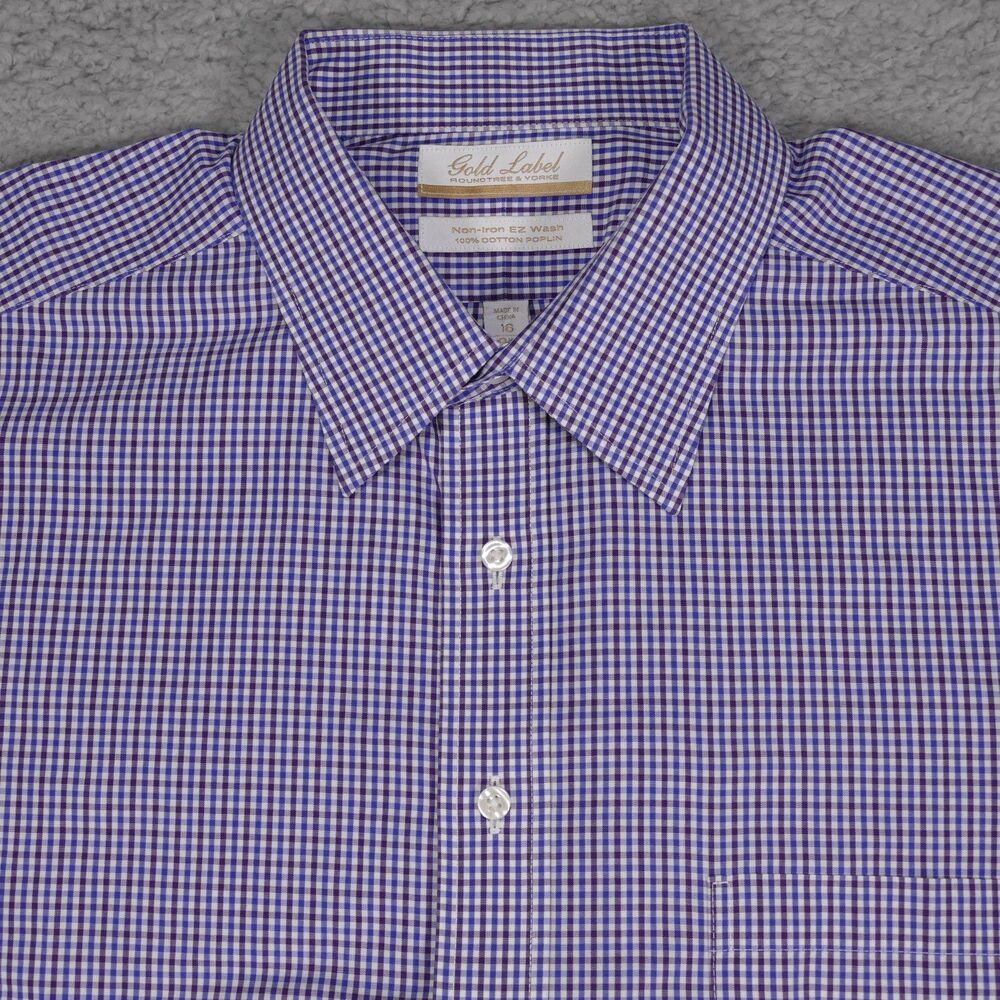 Roundtree & Yorke Gold Label Shirt Men 16- 35 Blue Plaid Button Up